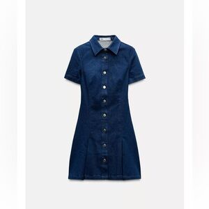 ZARA | Denim Pleated Blue Button-Down Mini Dress | XS